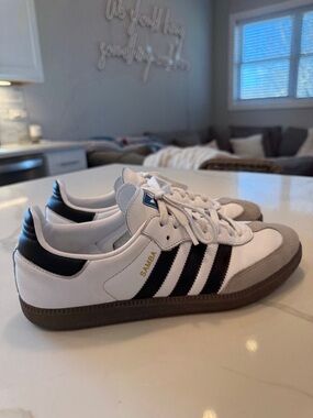 adidas White Sneakers with Black Stripes and Gray Suede Accents